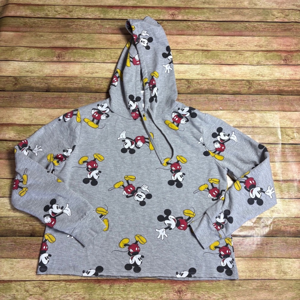 Disney Mickey Mouse All Over Print Cropped Hoodie XL 15/17 Jerry Leigh Gray AOP